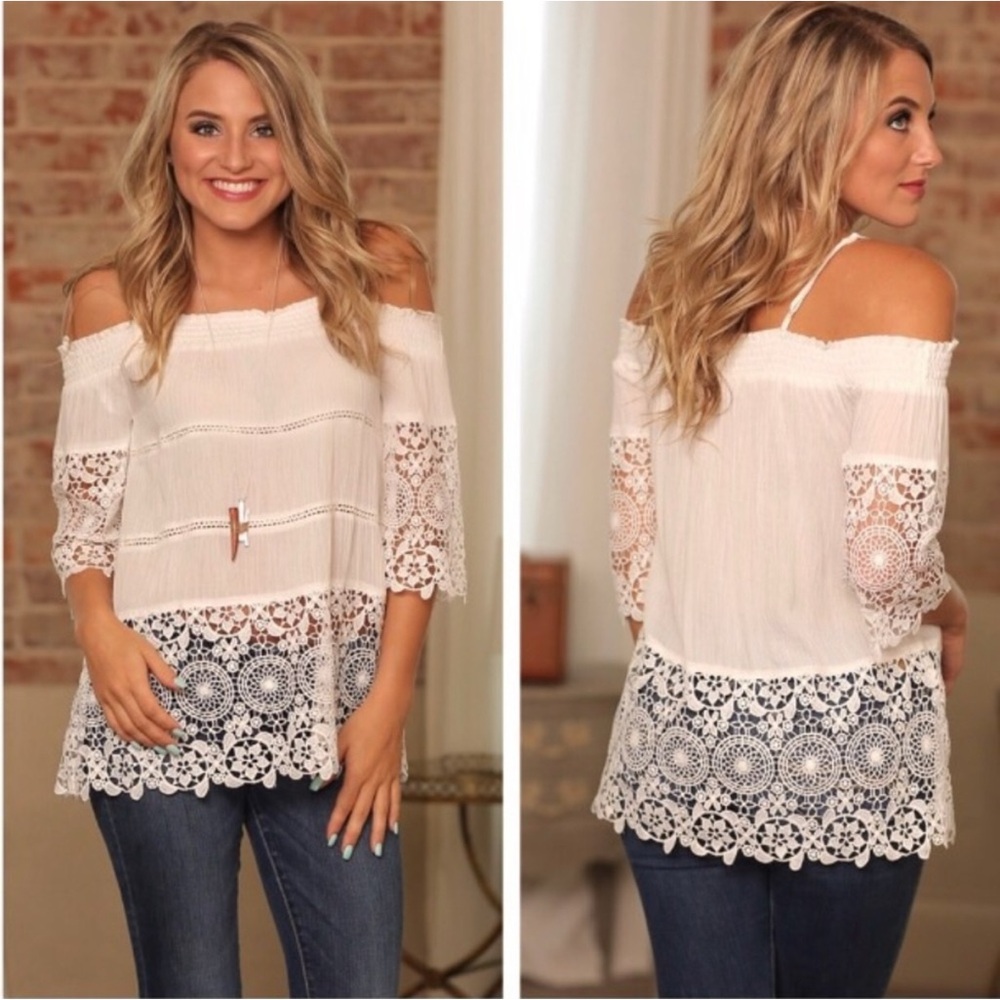 Infinity Raine Cream Off the Shoulder Crochet Blouse 3/4 Sleeve